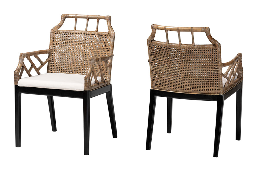 bali & pari Abiel Natural Rattan 2-Piece Dining Armchair Set with Cushion - Handwoven Wicker Chair with Mahogany Wood Frame, Coastal Boho Seating for Dining Room or Kitchen