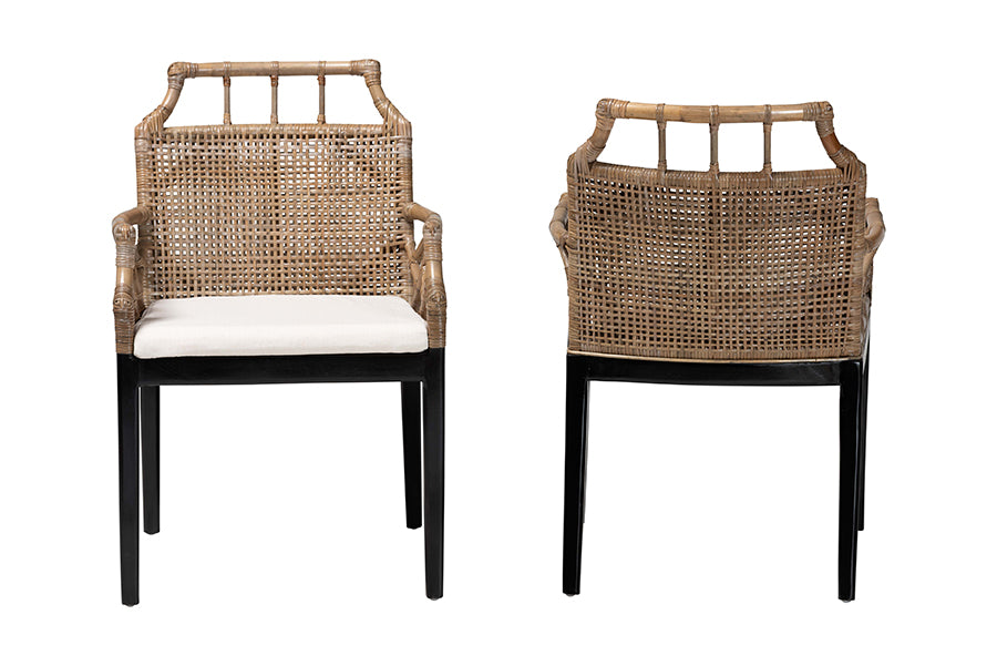bali & pari Abiel Natural Rattan 2-Piece Dining Armchair Set with Cushion - Handwoven Wicker Chair with Mahogany Wood Frame, Coastal Boho Seating for Dining Room or Kitchen