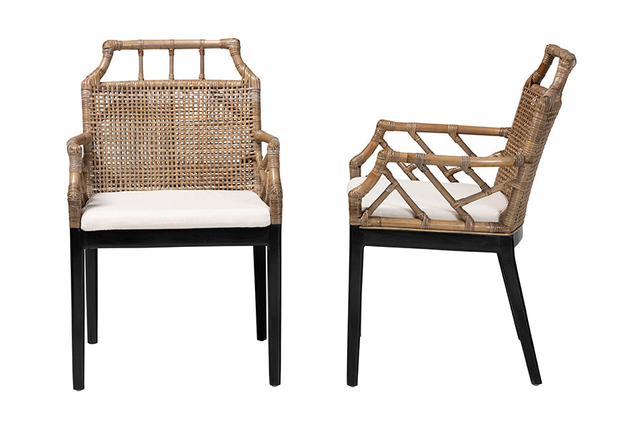 bali & pari Abiel Natural Rattan 2-Piece Dining Armchair Set with Cushion - Handwoven Wicker Chair with Mahogany Wood Frame, Coastal Boho Seating for Dining Room or Kitchen