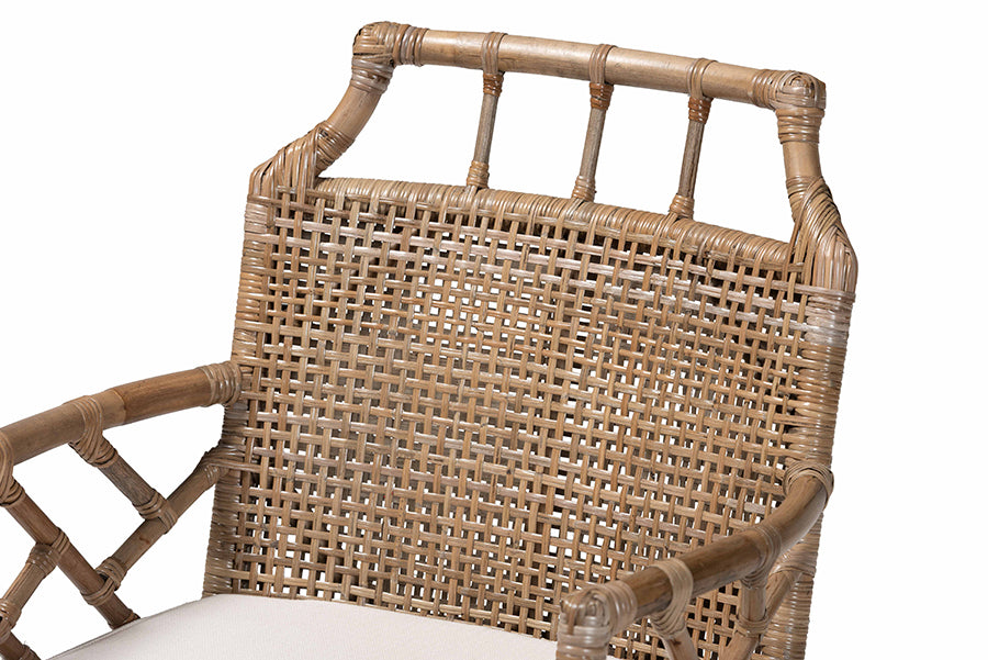 bali & pari Abiel Natural Rattan 2-Piece Dining Armchair Set with Cushion - Handwoven Wicker Chair with Mahogany Wood Frame, Coastal Boho Seating for Dining Room or Kitchen