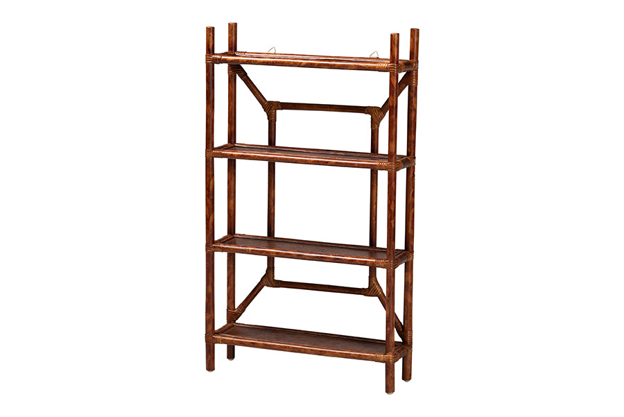 bali & pari Basile Marbled Tortoise Rattan 4-Tier Wall Display Shelf - Decorative Floating Wicker Storage Organizer for Living Room, Bedroom, or Entryway