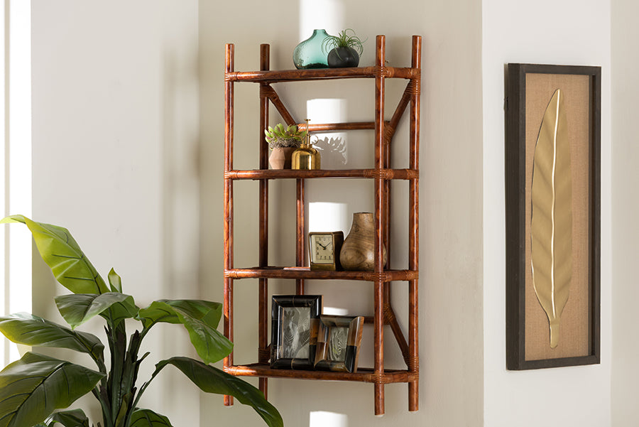bali & pari Basile Marbled Tortoise Rattan 4-Tier Wall Display Shelf - Decorative Floating Wicker Storage Organizer for Living Room, Bedroom, or Entryway