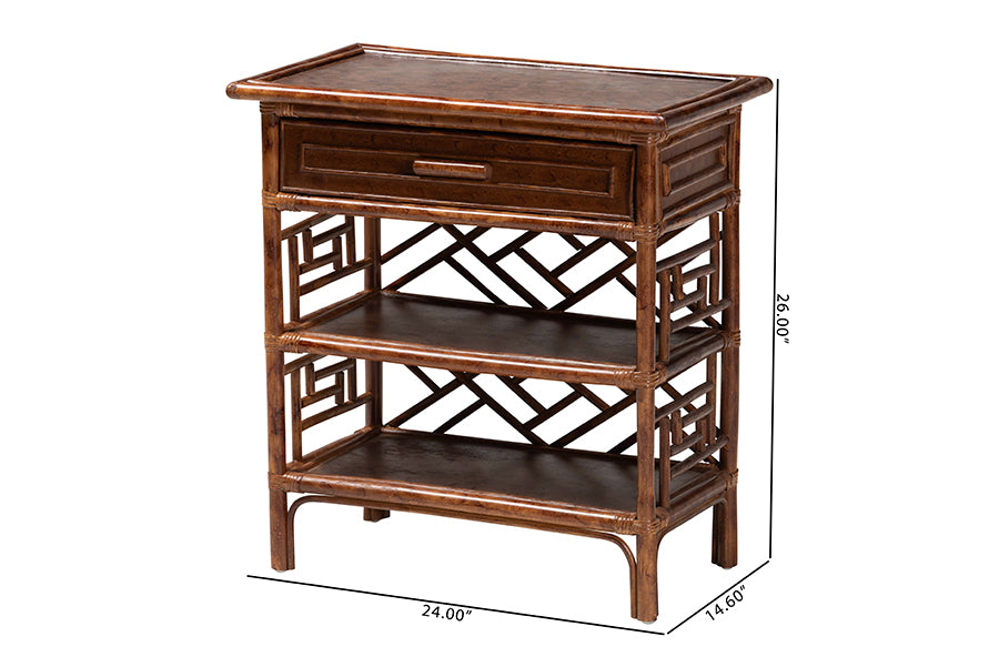 bali & pari Daemyn Marbled Tortoise Natural Rattan Nightstand - Handcrafted Wicker Bedside Table with Drawer and Open Shelving
