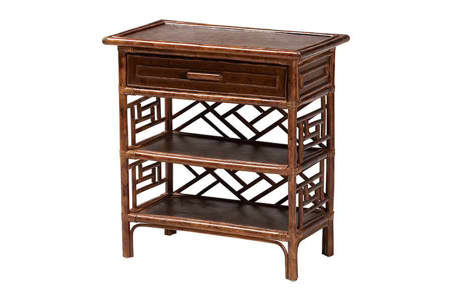 bali & pari Daemyn Marbled Tortoise Natural Rattan Nightstand - Handcrafted Wicker Bedside Table with Drawer and Open Shelving