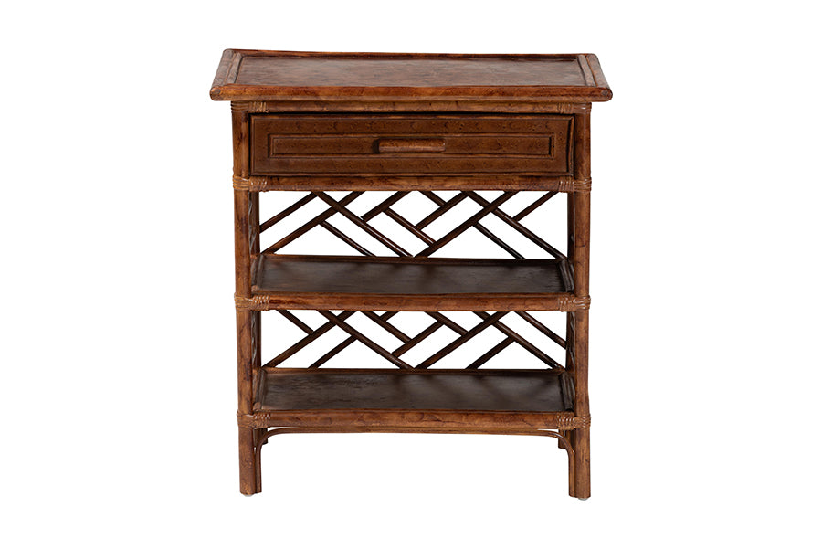 bali & pari Daemyn Marbled Tortoise Natural Rattan Nightstand - Handcrafted Wicker Bedside Table with Drawer and Open Shelving