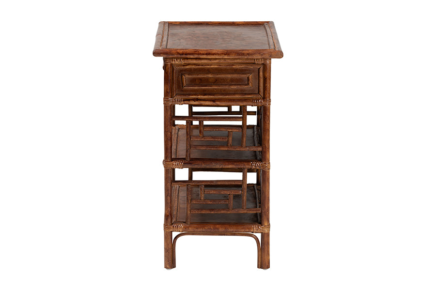 bali & pari Daemyn Marbled Tortoise Natural Rattan Nightstand - Handcrafted Wicker Bedside Table with Drawer and Open Shelving