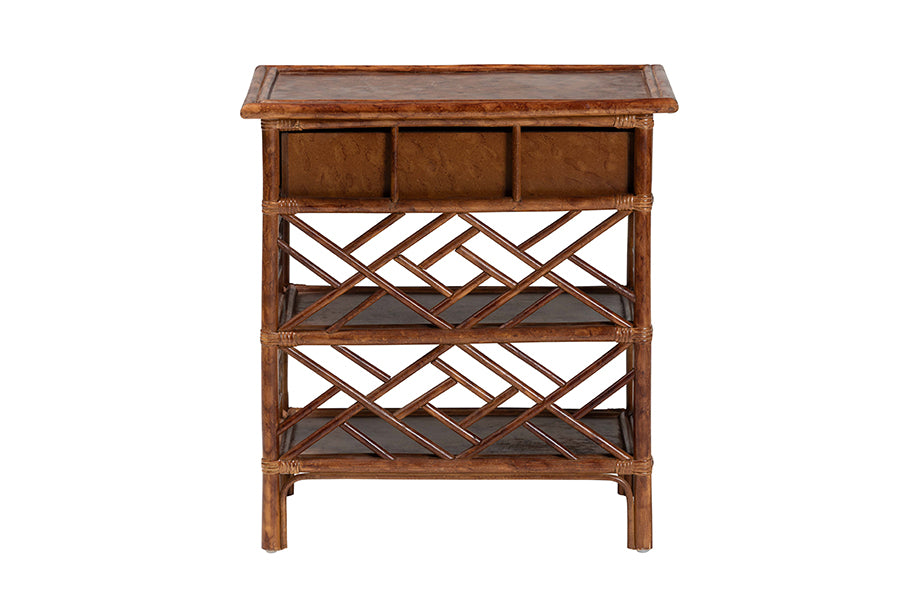 bali & pari Daemyn Marbled Tortoise Natural Rattan Nightstand - Handcrafted Wicker Bedside Table with Drawer and Open Shelving