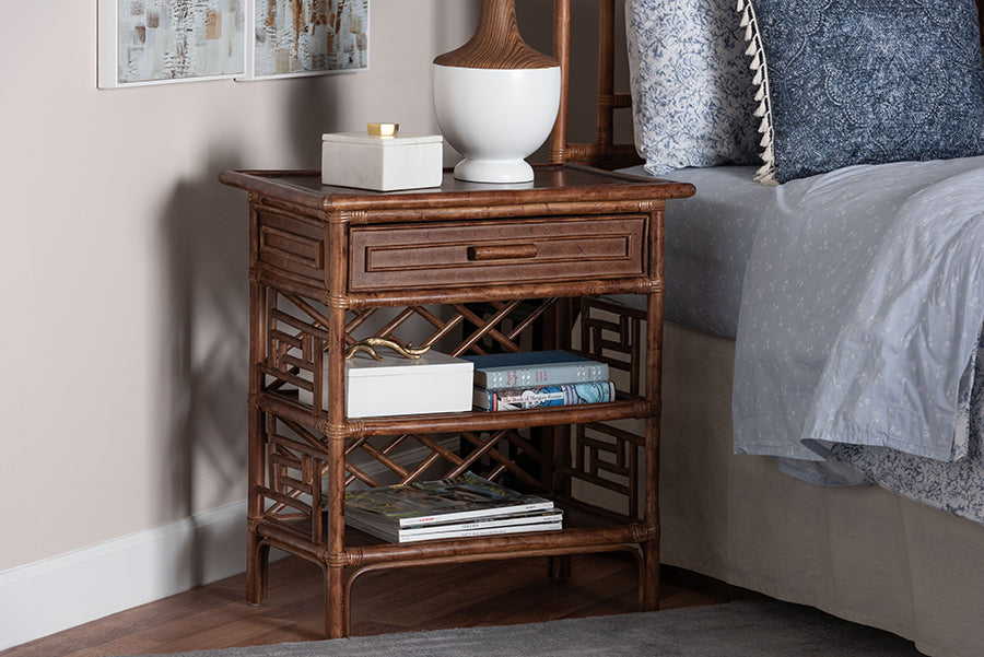 bali & pari Daemyn Marbled Tortoise Natural Rattan Nightstand - Handcrafted Wicker Bedside Table with Drawer and Open Shelving
