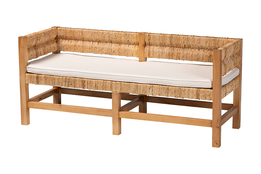 bali & pari Ismael Accent Bench - Handwoven Seagrass Accent Seating with Mahogany Wood Frame, Raised Back Bench for Entryway or Living Room