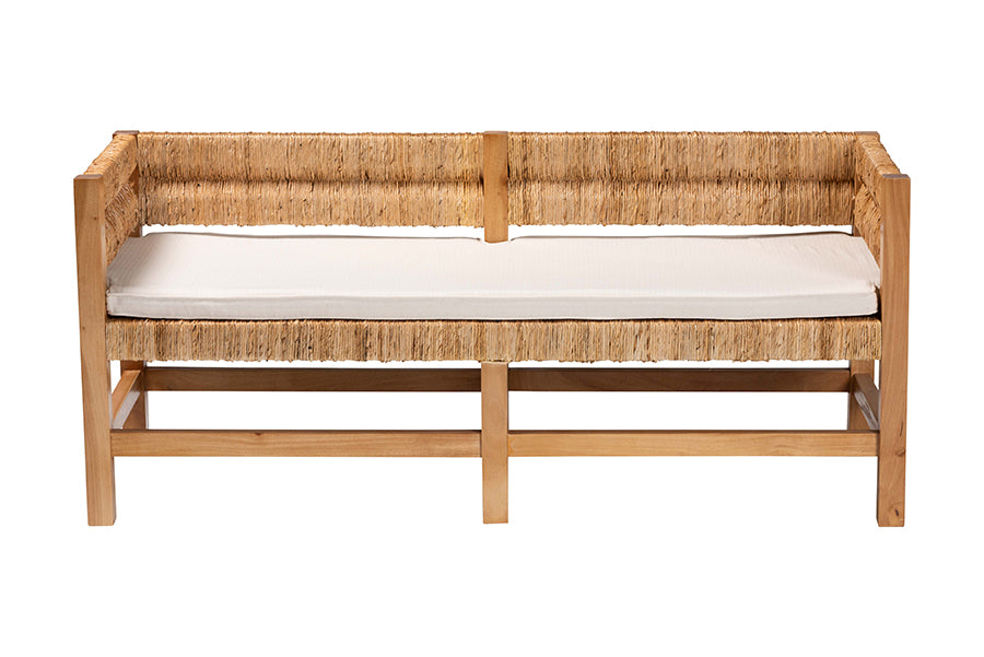 bali & pari Ismael Accent Bench - Handwoven Seagrass Accent Seating with Mahogany Wood Frame, Raised Back Bench for Entryway or Living Room