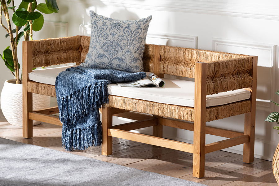 bali & pari Ismael Accent Bench - Handwoven Seagrass Accent Seating with Mahogany Wood Frame, Raised Back Bench for Entryway or Living Room