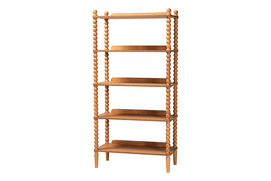 Baxton Studio Lucera Bobbin Display Shelf - 5-Tier Open Frame Vertical Bookcase with Spindle Posts for Living Room or Ofice, Oak Brown
