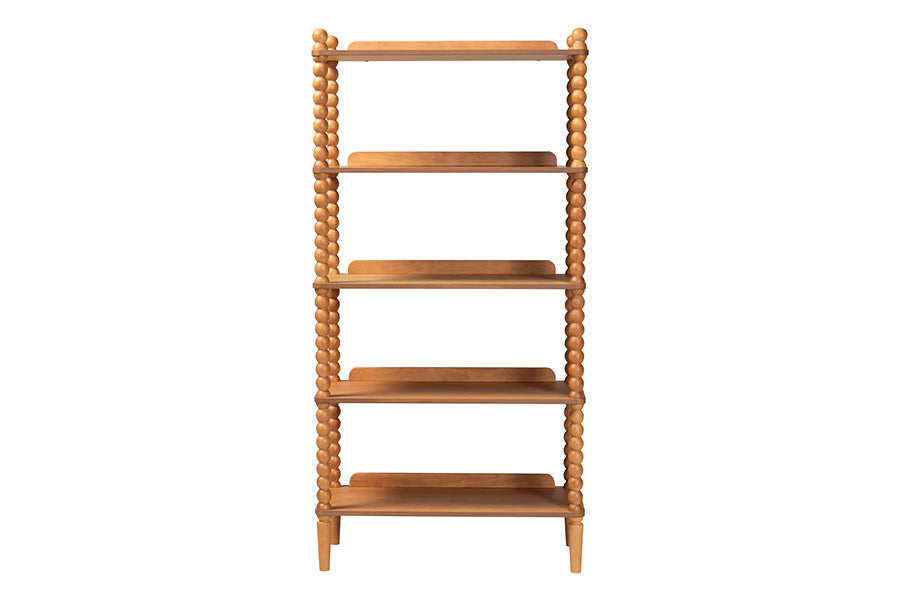 Baxton Studio Lucera Bobbin Display Shelf - 5-Tier Open Frame Vertical Bookcase with Spindle Posts for Living Room or Ofice, Oak Brown