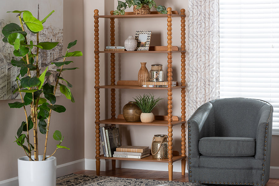 Baxton Studio Lucera Bobbin Display Shelf - 5-Tier Open Frame Vertical Bookcase with Spindle Posts for Living Room or Ofice, Oak Brown