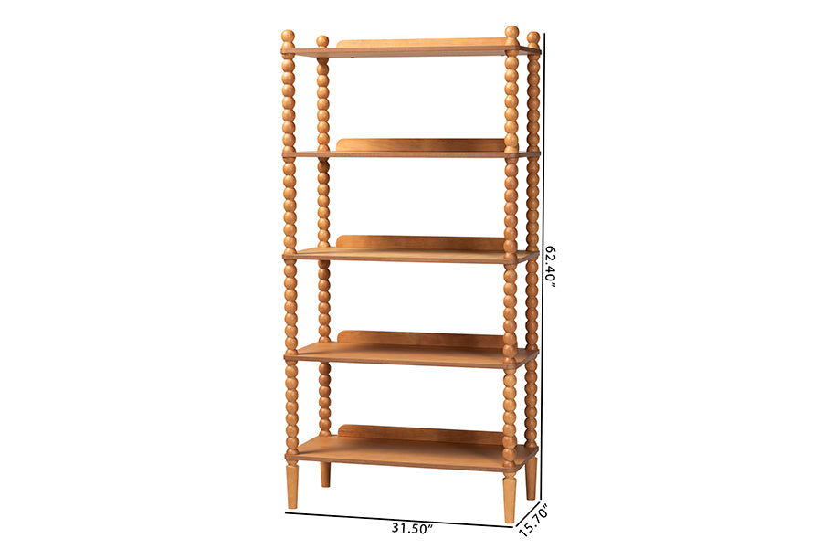 Baxton Studio Lucera Bobbin Display Shelf - 5-Tier Open Frame Vertical Bookcase with Spindle Posts for Living Room or Ofice, Oak Brown
