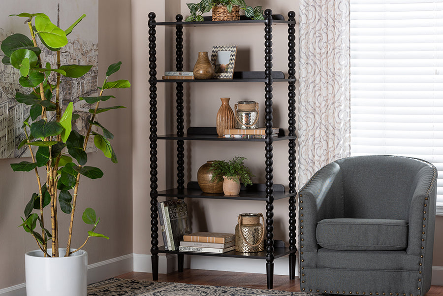 Baxton Studio Lucera Bobbin Display Shelf - 5-Tier Open Frame Vertical Bookcase with Spindle Posts for Living Room or Office, Black