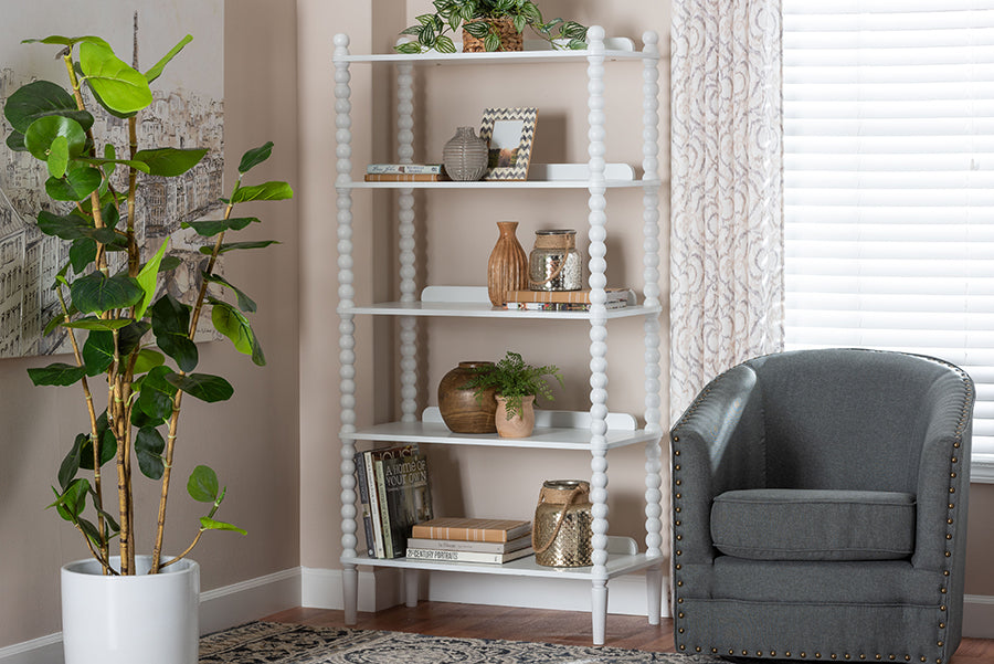 Baxton Studio Lucera Bobbin Display Shelf - 5-Tier Open Frame Vertical Bookcase with Spindle Posts for Living Room or Office, White