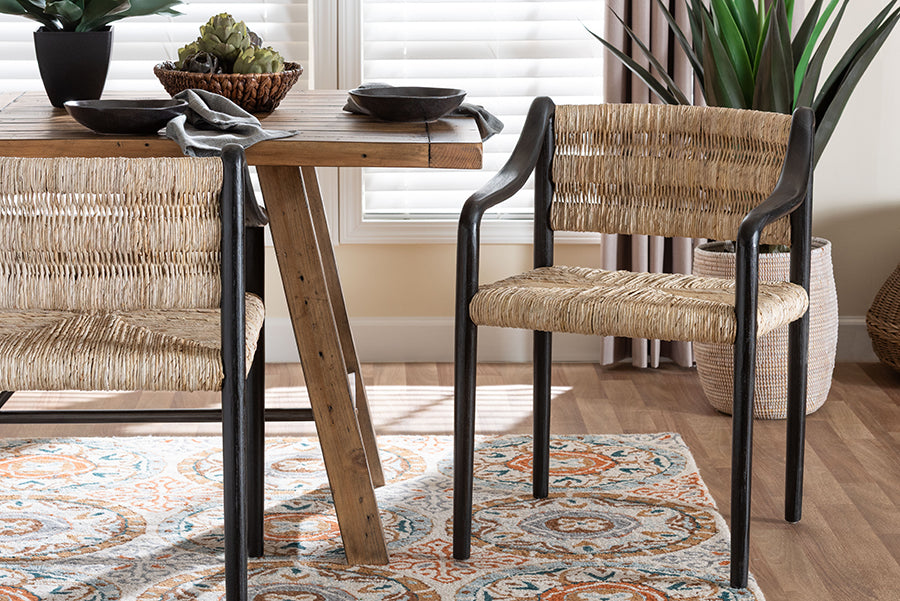 bali & pari Onda Handwoven Seagrass Dining Chair - Natural Fiber Wicker Armchair with Mahogany Wood Frame for Dining Room or Living Space