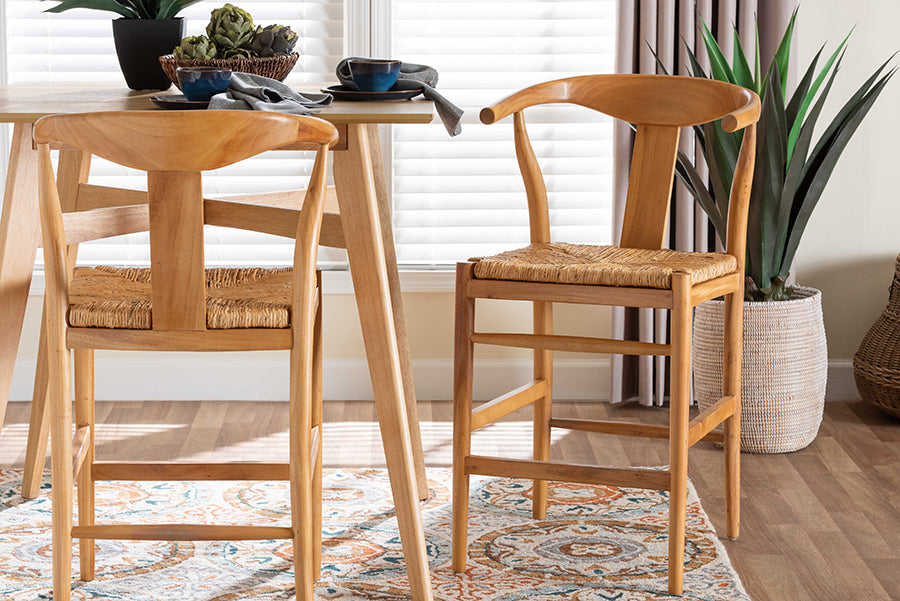 bali & pari Fika Counter Stool with Woven Seagrass Seat - Handwoven Wicker Stool with Arms and Wishbone Backrest, Boho Coastal Seating for Kitchen Island or Dining Counter