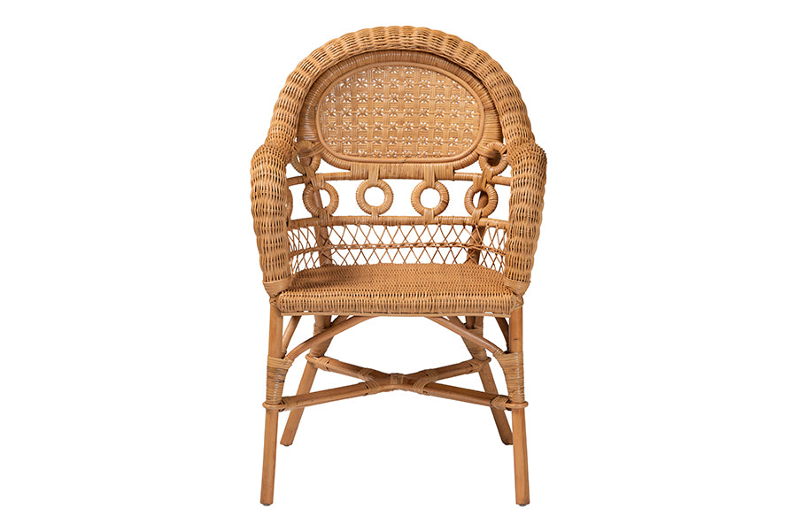 bali & pari Abigale Natural Rattan Dining Chair - Handwoven Wicker Accent Chair with Arms and Openwork Frame for Kitchen or Dining Room