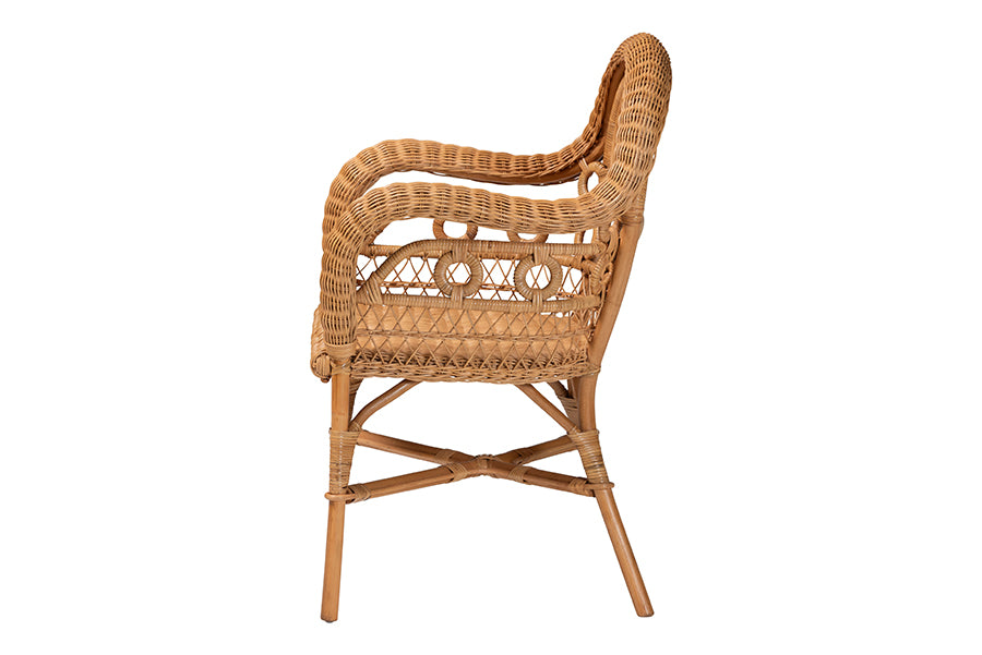 bali & pari Abigale Natural Rattan Dining Chair - Handwoven Wicker Accent Chair with Arms and Openwork Frame for Kitchen or Dining Room