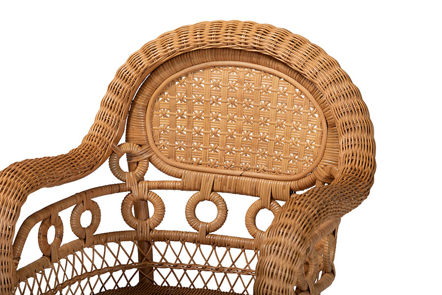 bali & pari Abigale Natural Rattan Dining Chair - Handwoven Wicker Accent Chair with Arms and Openwork Frame for Kitchen or Dining Room