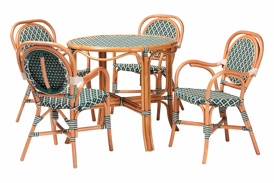 bali & pari Mattie Natural Rattan Bistro Dining Set - 5-Piece Cafe-Style Set with Round Table and 4 Matching Chairs, for Kitchen or Indoor/Outdoor Seating, Green