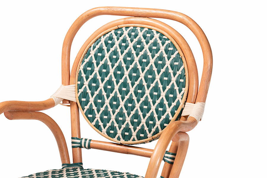 bali & pari Mattie Natural Rattan Bistro Dining Set - 5-Piece Cafe-Style Set with Round Table and 4 Matching Chairs, for Kitchen or Indoor/Outdoor Seating, Green