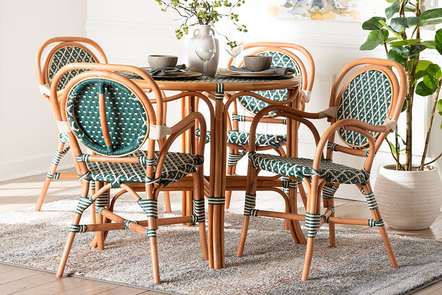 bali & pari Mattie Natural Rattan Bistro Dining Set - 5-Piece Cafe-Style Set with Round Table and 4 Matching Chairs, for Kitchen or Indoor/Outdoor Seating, Green