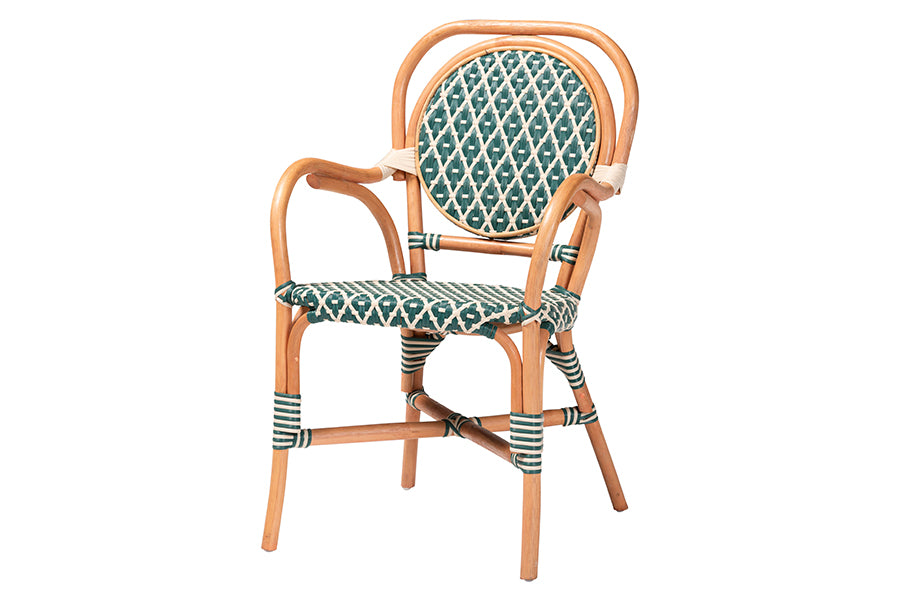 bali & pari Mattie Rattan Bistro Chair - Handwoven Cafe-Style Dining Chair with Curved Arms for Kitchen or Indoor/Outdoor Lounge, Green