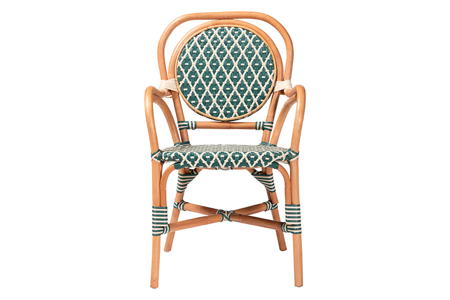 bali & pari Mattie Rattan Bistro Chair - Handwoven Cafe-Style Dining Chair with Curved Arms for Kitchen or Indoor/Outdoor Lounge, Green