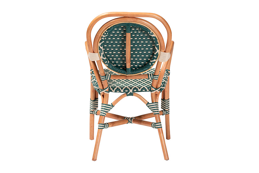 bali & pari Mattie Rattan Bistro Chair - Handwoven Cafe-Style Dining Chair with Curved Arms for Kitchen or Indoor/Outdoor Lounge, Green
