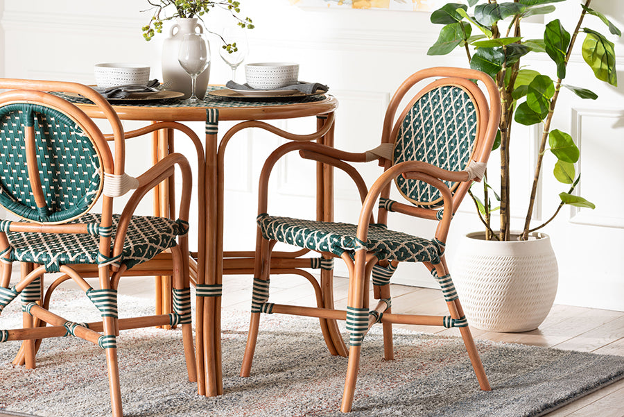 bali & pari Mattie Rattan Bistro Chair - Handwoven Cafe-Style Dining Chair with Curved Arms for Kitchen or Indoor/Outdoor Lounge, Green