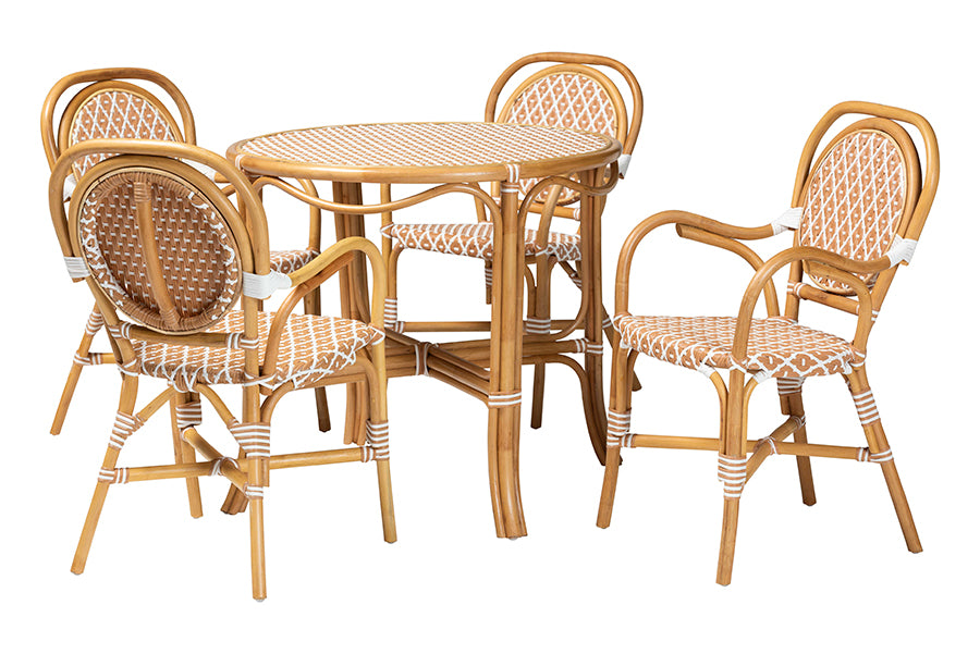 bali & pari Mattie Natural Rattan Bistro Dining Set - 5-Piece Cafe-Style Set with Round Table and 4 Matching Chairs, for Kitchen or Indoor/Outdoor Seating, Beige