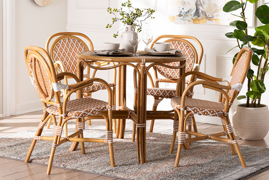 bali & pari Mattie Natural Rattan Bistro Dining Set - 5-Piece Cafe-Style Set with Round Table and 4 Matching Chairs, for Kitchen or Indoor/Outdoor Seating, Beige