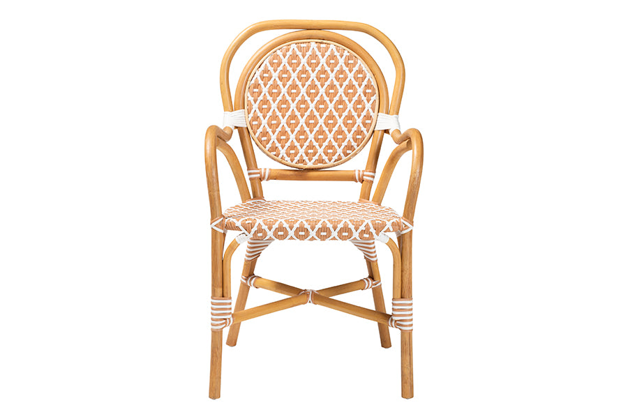 bali & pari Mattie Rattan Bistro Chair - Handwoven Cafe-Style Dining Chair with Curved Arms for Kitchen or Indoor/Outdoor Lounge, Beige