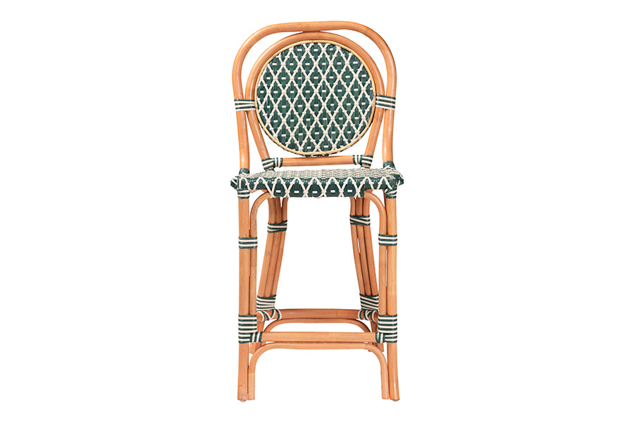 bali & pari Mattie Rattan Bistro Counter Stool - Handwoven Accent Seating with Backrest for Kitchen Island or Indoor/Outdoor Lounge, Green