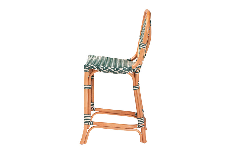 bali & pari Mattie Rattan Bistro Counter Stool - Handwoven Accent Seating with Backrest for Kitchen Island or Indoor/Outdoor Lounge, Green