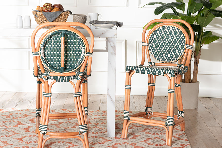 bali & pari Mattie Rattan Bistro Counter Stool - Handwoven Accent Seating with Backrest for Kitchen Island or Indoor/Outdoor Lounge, Green
