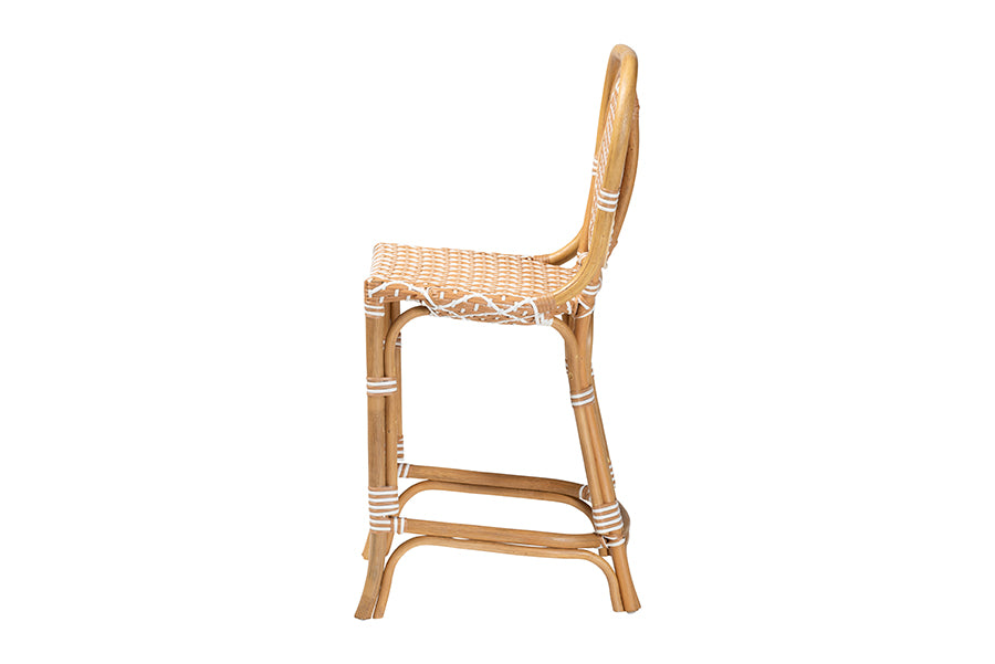 bali & pari Mattie Rattan Bistro Counter Stool - Handwoven Accent Seating with Backrest for Kitchen Island or Indoor/Outdoor Lounge, Beige
