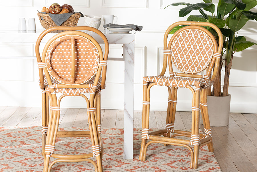 bali & pari Mattie Rattan Bistro Counter Stool - Handwoven Accent Seating with Backrest for Kitchen Island or Indoor/Outdoor Lounge, Beige