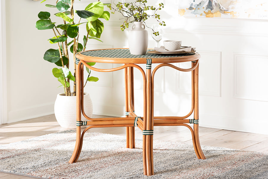 bali & pari Mattie Natural Rattan Round Bistro Dining Table - Handwoven Cafe-Style Accent Table for Kitchen or Indoor/Outdoor Lounge, Green