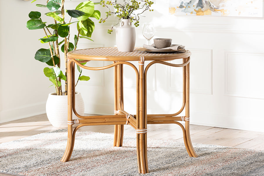bali & pari Mattie Natural Rattan Round Bistro Dining Table - Handwoven Cafe-Style Accent Table for Kitchen or Indoor/Outdoor Lounge, Beige