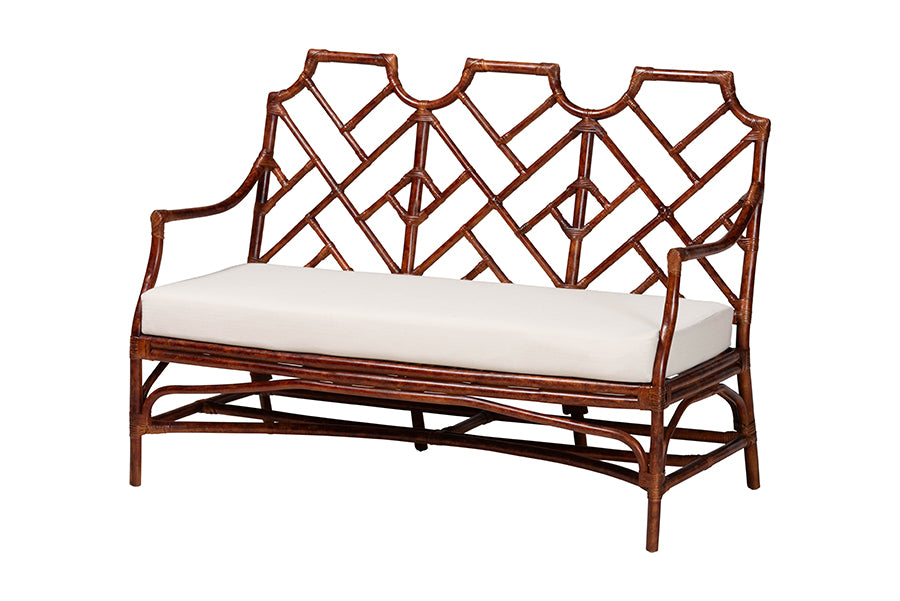 bali & pari Aella Marbled Tortoise Natural Rattan Loveseat Bench with Cushion - Handcrafted Boho Style Settee with Open Back and Curved Arms for Living Room, Entryway or Sunroom