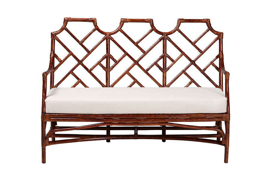 bali & pari Aella Marbled Tortoise Natural Rattan Loveseat Bench with Cushion - Handcrafted Boho Style Settee with Open Back and Curved Arms for Living Room, Entryway or Sunroom