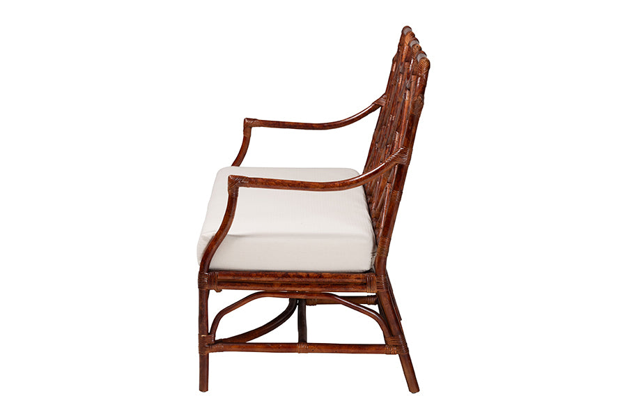 bali & pari Aella Marbled Tortoise Natural Rattan Loveseat Bench with Cushion - Handcrafted Boho Style Settee with Open Back and Curved Arms for Living Room, Entryway or Sunroom