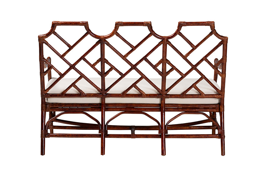 bali & pari Aella Marbled Tortoise Natural Rattan Loveseat Bench with Cushion - Handcrafted Boho Style Settee with Open Back and Curved Arms for Living Room, Entryway or Sunroom