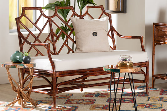 bali & pari Aella Marbled Tortoise Natural Rattan Loveseat Bench with Cushion - Handcrafted Boho Style Settee with Open Back and Curved Arms for Living Room, Entryway or Sunroom
