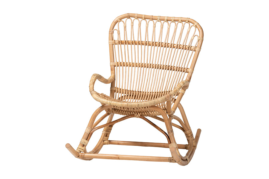 bali & pari Mahin Natural Rattan Rocking Chair - Handwoven Wicker Accent Rocker with Curved Armrests and High Back, Boho Coastal Lounge Chair for Living Room or Sunroom