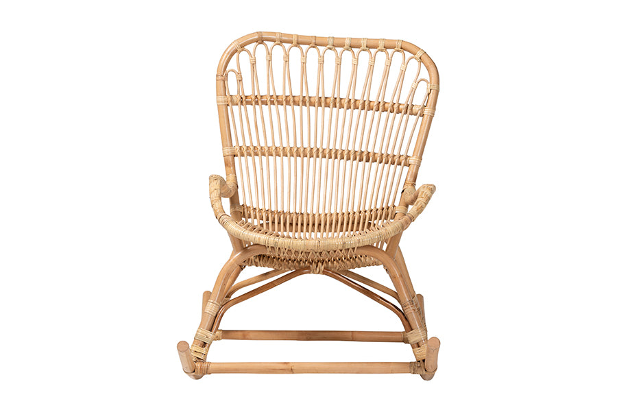 bali & pari Mahin Natural Rattan Rocking Chair - Handwoven Wicker Accent Rocker with Curved Armrests and High Back, Boho Coastal Lounge Chair for Living Room or Sunroom